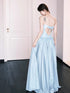 Light Blue Satin Strapless A-line Satin Party Dress, Light Blue Satin Long Prom Dress